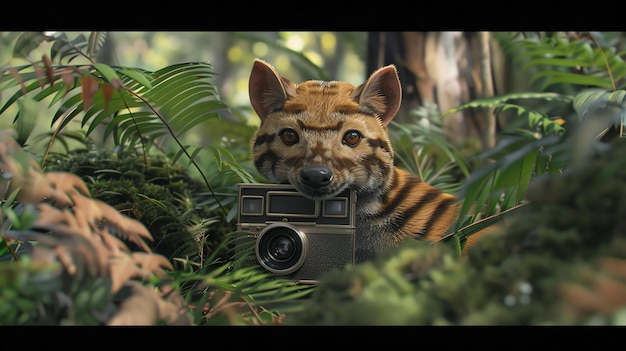 Foto um animal bonito e peludo está escondido atrás de algumas folhas verdes ele está segurando uma câmera e olhando para o espectador com uma expressão curiosa