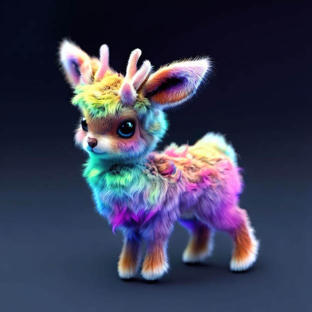 Um animal colorido com crina e cauda de arco-íris.