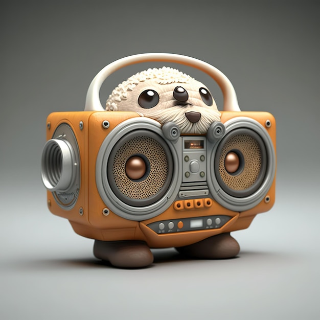 Um animal de brinquedo com um boombox na cabeça está em um fundo cinza.