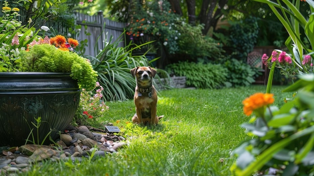 Um animal de estimação alegre a explorar as maravilhas de um jardim bem conservado, acrescentando charme à vida ao ar livre.