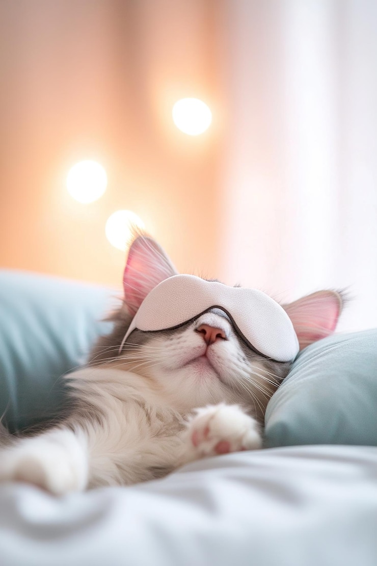 Foto um animal de estimação brincalhão deita-se tranquilamente em um travesseiro macio usando uma minúscula máscara de sono banhada em uma luz suave e quente que adiciona uma atmosfera serena ao momento aconchegante