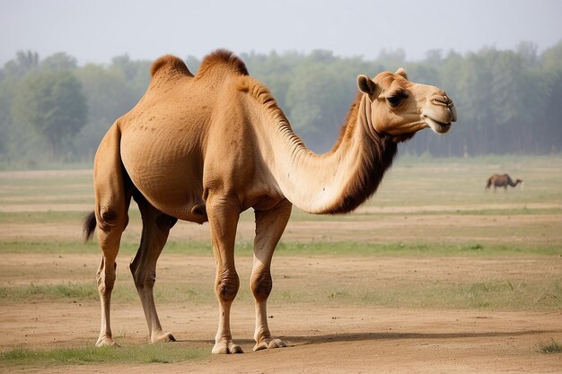 Foto um animal está pastando no campo um camelo