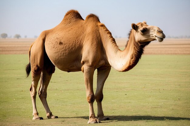 Foto um animal está pastando no campo um camelo