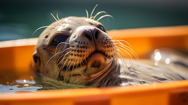 Foto um animal fofo usando óculos escuros e sentado em uma banheira de hidromassagem com bolhas