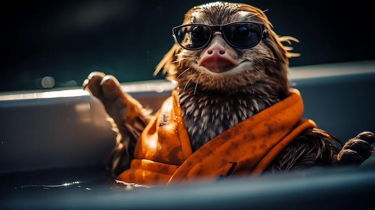 Foto um animal fofo usando óculos escuros e sentado em uma banheira de hidromassagem com bolhas