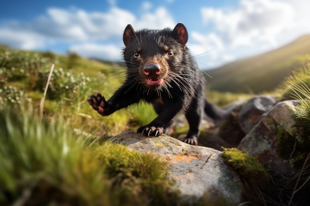 Um animal preto a correr por uma floresta.