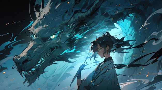 um anime e dragão em azul