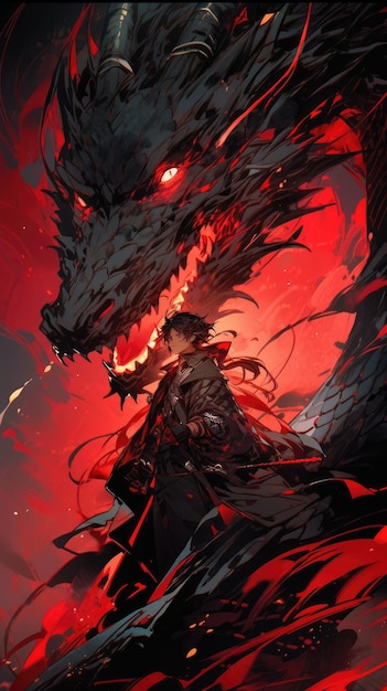 um anime e dragão em vermelho