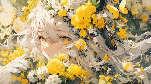 um anime e flor em amarelo
