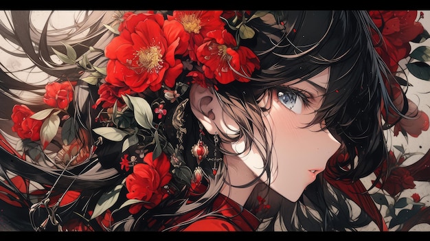 um anime e flor em vermelho
