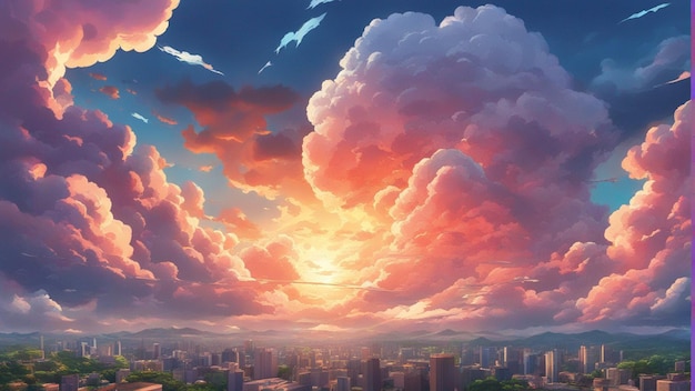 Um anime irritado hiper-realista nubla uma paisagem em estilo de desenho animado