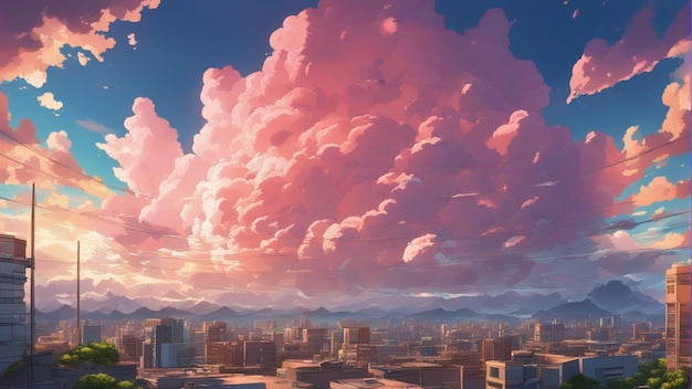 Um anime irritado hiper-realista nubla uma paisagem em estilo de desenho animado