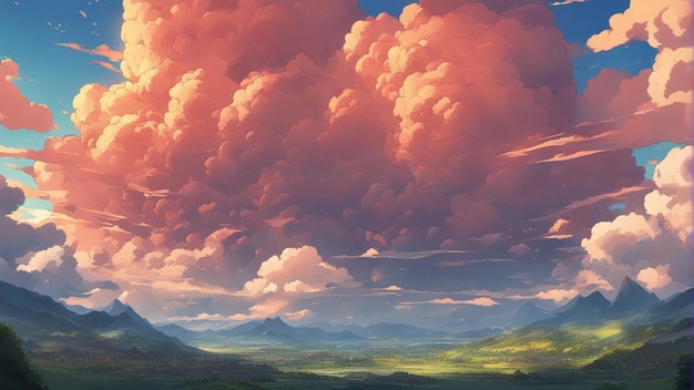 Um anime irritado hiper-realista nubla uma paisagem em estilo de desenho animado
