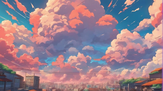 Um anime irritado hiper-realista nubla uma paisagem em estilo de desenho animado