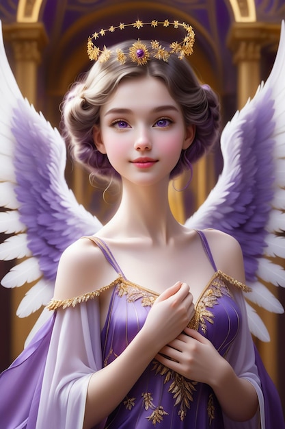 Um anjo bonito num vestido de fantasia roxo