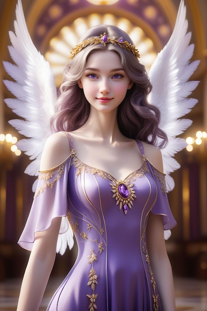 Um anjo bonito num vestido de fantasia roxo