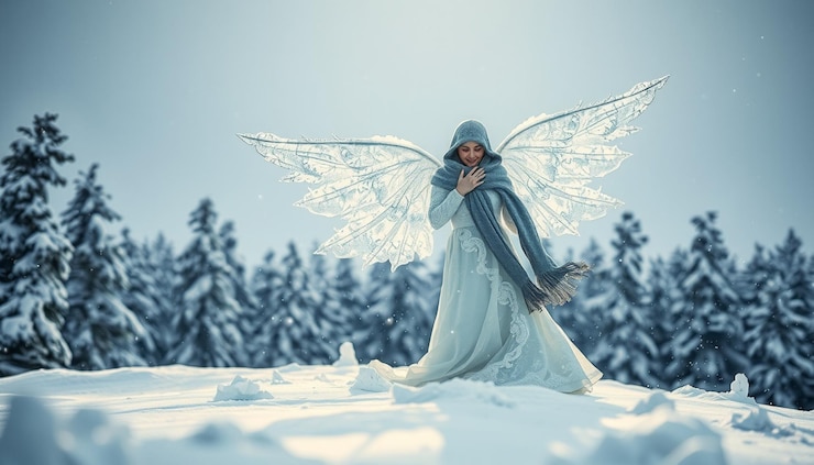 Foto um anjo com asas numa montanha coberta de neve