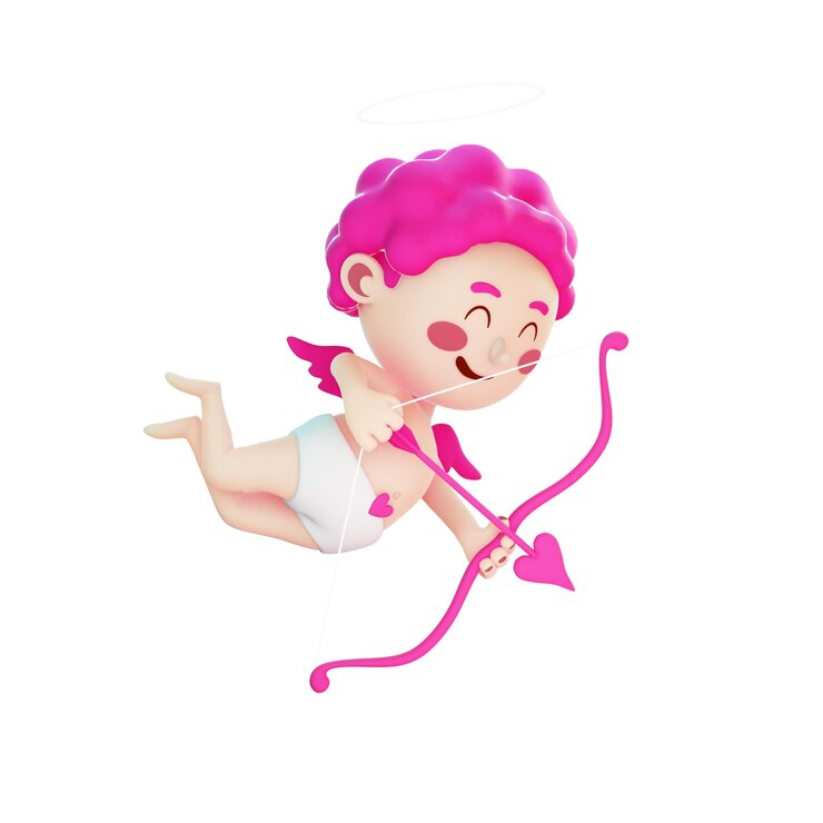 Foto um anjo de desenho animado de renderização 3d com cabelo rosa e arco está voando no ar