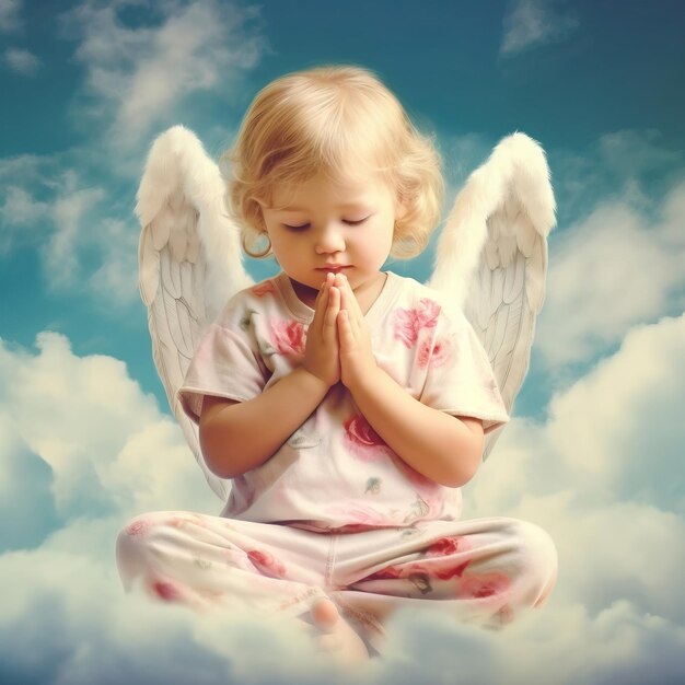Um anjo de dois anos está orando na nuvem pintura a óleo st