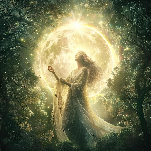um anjo está de pé na floresta com a lua ao fundo