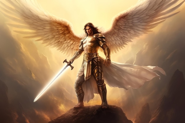 Um anjo forte e poderoso com uma espada brilhante na mão está em uma rocha pronto para lutar contra as forças do mal