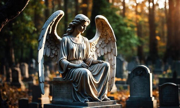 Um anjo num cemitério na floresta.
