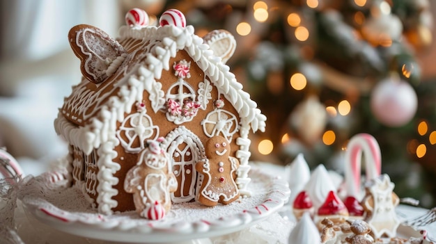 Um anjo travesso decorando uma casa de pão de gengibre com glasura e bastões de doces