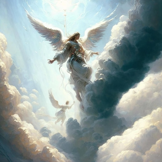 Um anjo voando nas nuvens com as palavras anjo nele.