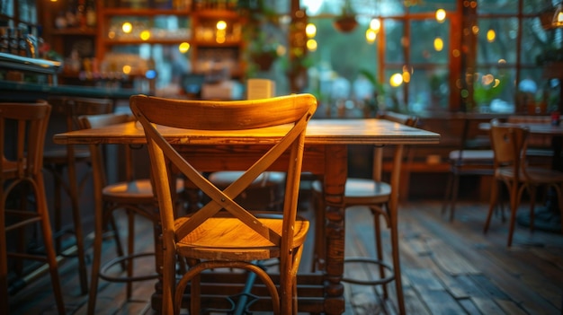 Um antigo banquinho de bar de madeira fica sozinho junto a um balcão em um pub tradicional calorosamente iluminado convidando os clientes a se sentarem