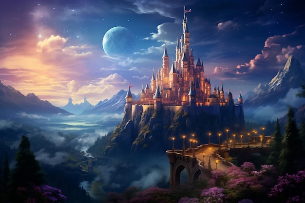 Um antigo castelo de conto de fadas em uma colina Ilustração de fantasia Generative Ai
