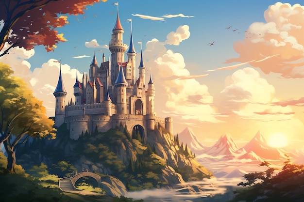 Um antigo castelo de conto de fadas em uma colina Ilustração de fantasia Generative Ai
