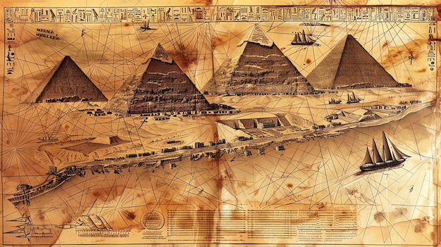 Foto um antigo mapa do mundo mostrando as pirâmides de giza e outros marcos