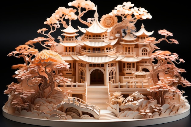 Um antigo ônibus de templo chinês feito com papéis por origami ou kirigami estilos artesanato japonês