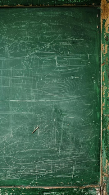 Um antigo quadro verde da escola exibe traços fracos de atividade educacional. A moldura de madeira sugere uma longa história dentro das paredes da sala de aula.