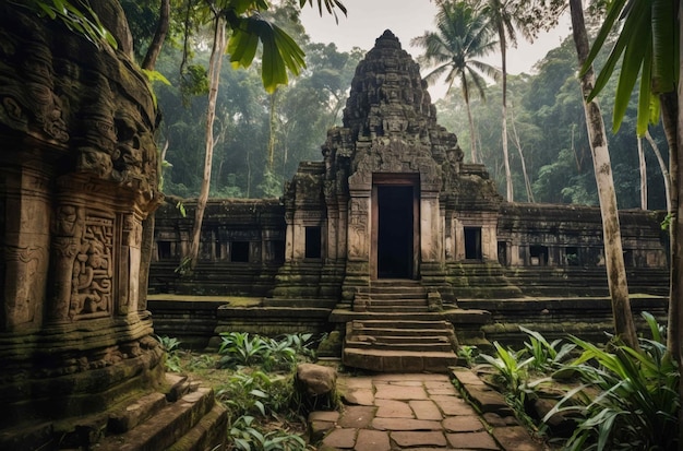 Foto um antigo templo aninhado numa densa selva.