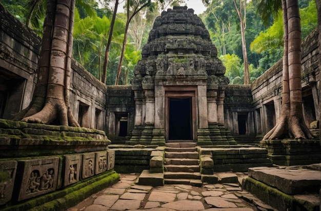 Um antigo templo aninhado numa densa selva.
