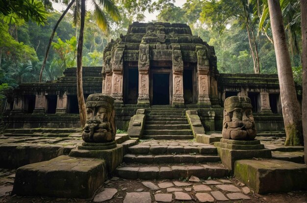 Um antigo templo aninhado numa densa selva.