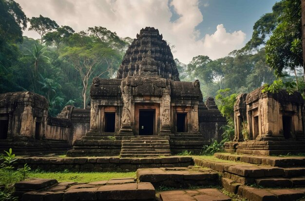 Um antigo templo aninhado numa densa selva.