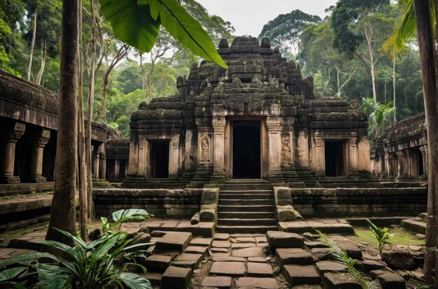 Um antigo templo aninhado numa densa selva.