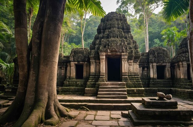 Um antigo templo aninhado numa densa selva.