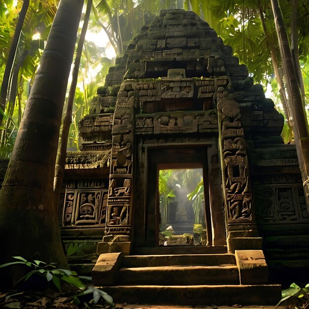 Foto um antigo templo críptico escondido dentro da densa folhagem da selva, gerado pela ia.