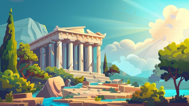 Foto um antigo templo grego em uma paisagem de verão com pedras rachadas e pilares de mármore árvores verdes arbustos e um rio azul ilustração de desenho animado moderno