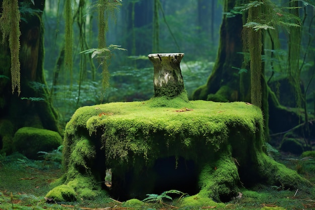 Um antigo tronco numa floresta verde com árvores de musgo e samambaias