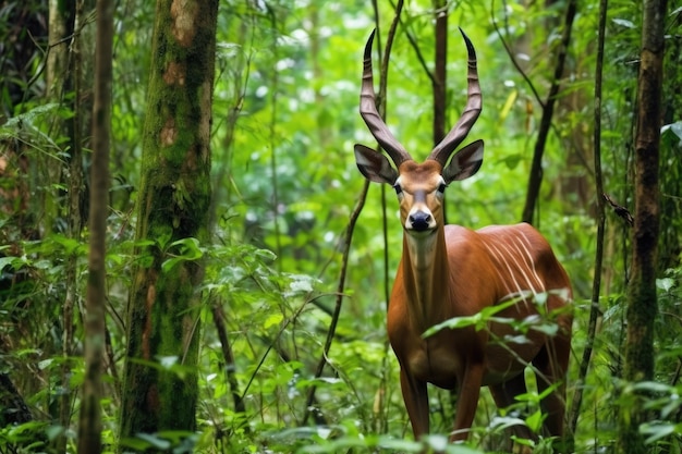 Um antílope bongo numa densa floresta africana