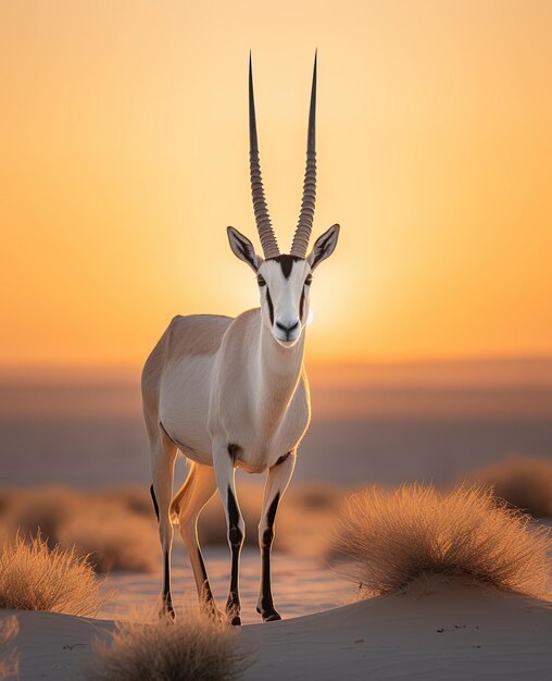 Foto um antílope com chifres está de pé no deserto ao pôr do sol