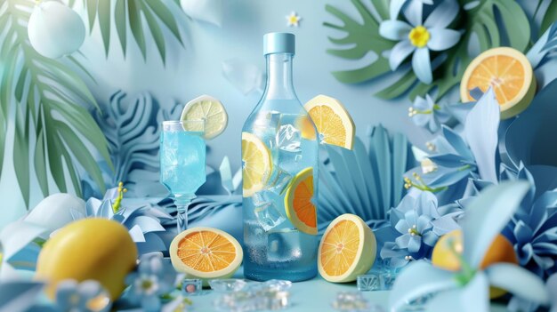 Um anúncio de cocktail de verão ilustrado em 3D Uma garrafa de licor azul é cercada por copos de cocktail, pedaços de laranja e cubos de gelo em um fundo azul