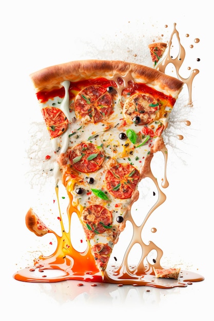 Um anúncio de pizza com uma fatia sendo derramada nela.