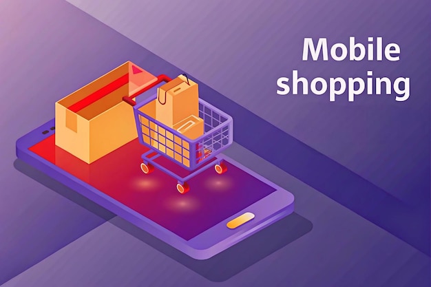 um anúncio roxo para uma loja móvel com um carrinho de compras na parte de baixo