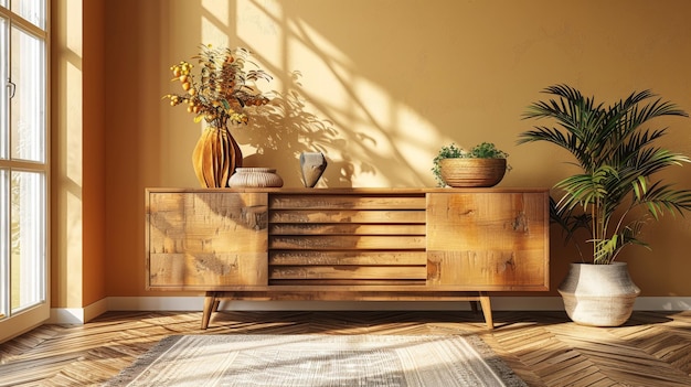 Foto um aparelho de madeira moderno com itens decorativos em uma sala escassamente mobiliada com paredes bege renderizações 3d