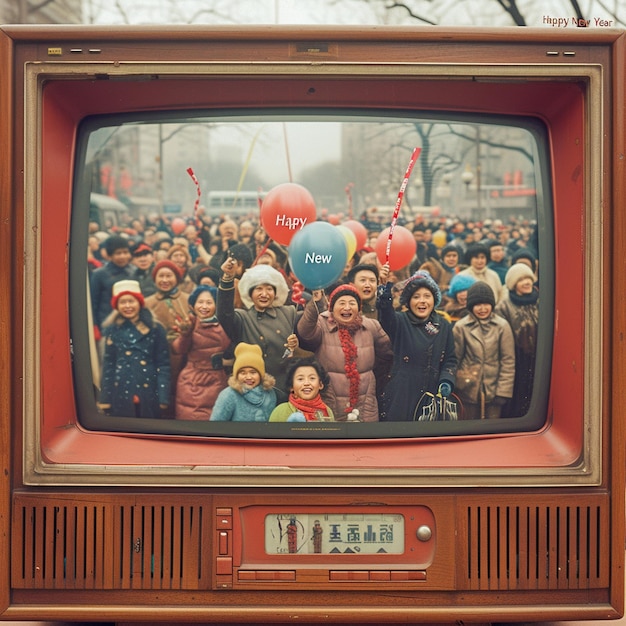 Um aparelho de televisão sentado em uma mesa no estilo de visuais retro estética vintage